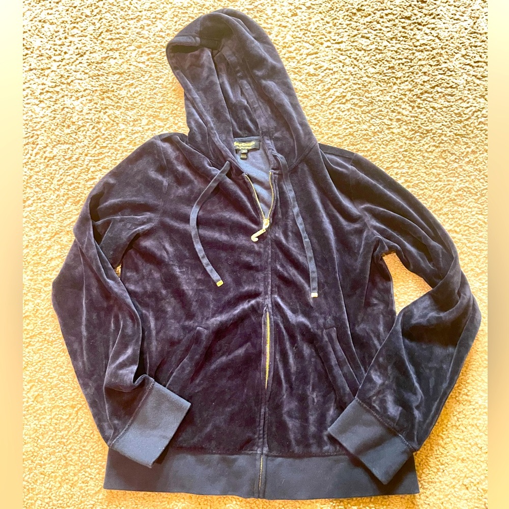 Juicy Couture Black Velour Jacket Full Zip Hoodie Womens Size XL.